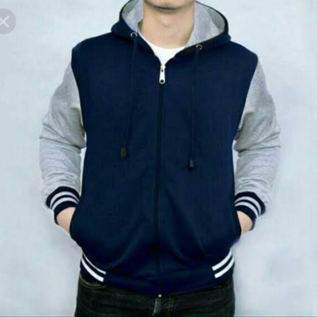 Jaket baseball polos hoodie resleting reglan pria wanita-Nevi abu