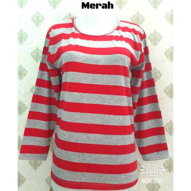 Baju Kaos  Strip Salur Dasar Abu Warna Lengan  Panjang  Murah  