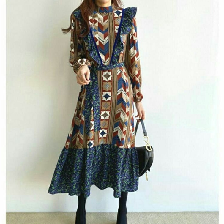 41500 Baju maxi dress etnik wanita korean style wanita import baju maxi dress gaun pesta kondangan motif etnik kekinian cewek korea vintage import biru orange murah terbaru