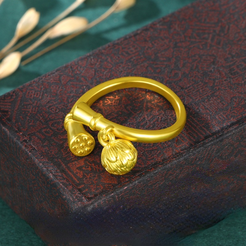 Cincin Emas Plated Emas Asli Kadar 375Desain Tanaman Lotus Gaya Vintage Korea Untuk Wanita