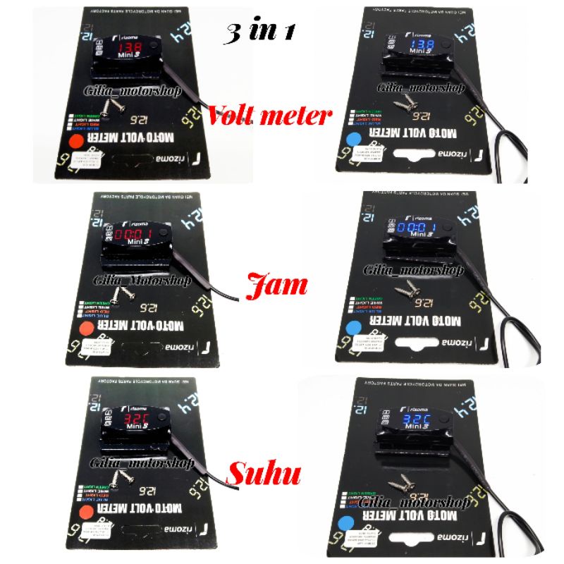 Voltmeter Aki Digital  LED Jam+ Suhu+ VoltMeter Voltmeter Tes Aki motor Alat ukur Aki motor Waterproof anti air