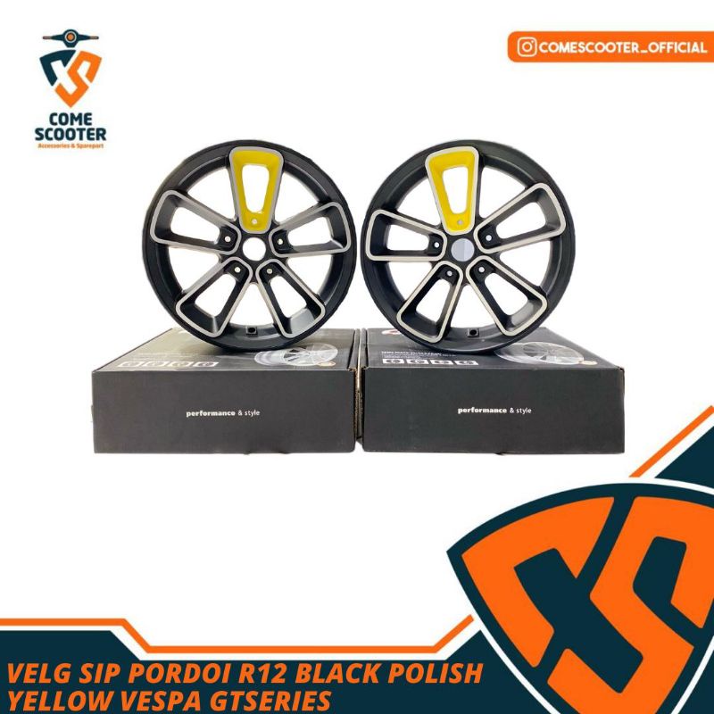 VELG SIP PORDOI R12 BLACK POLISH YELLOW VESPA GTS GTV GT SERIES