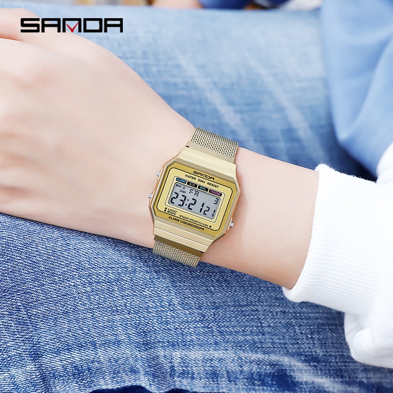 SANDA 6017 Jam Tangan Wanita Digital Sport EL Backlight Tali Stainless Shockproof Anti air WATCHKITE WKOS