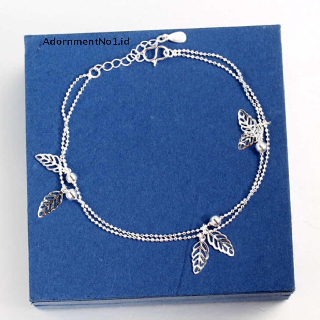 (AdornmentNo1) Gelang Kaki Lapis Silver Motif Daun Aksen Manik-Manik Untuk Perhiasan Wanita (ID)