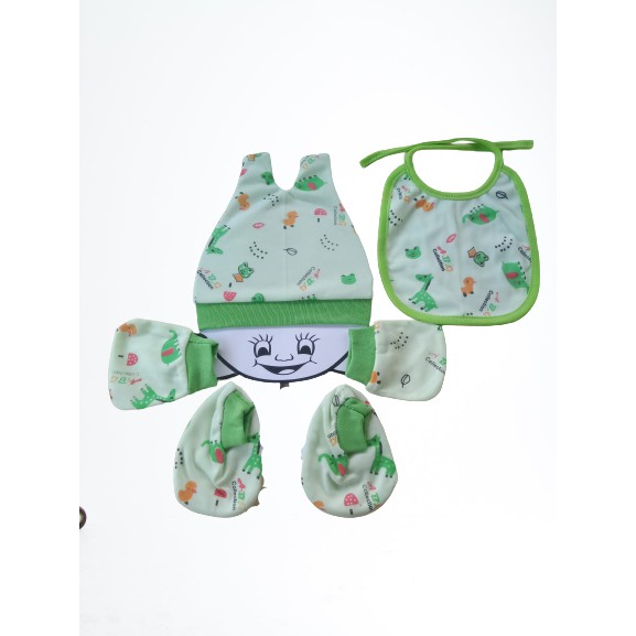 satu set topi sarung tangan kaki  dan slaber/celemek/oto bayi newborn motif animal lucu