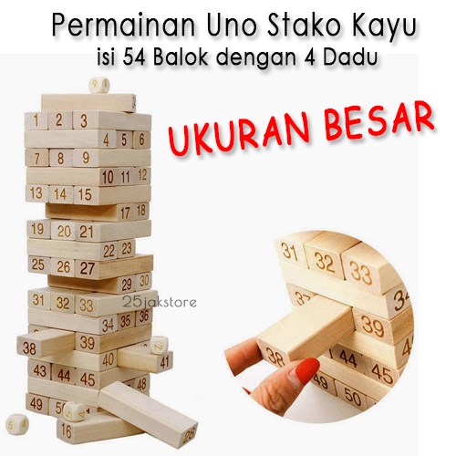 Mainan Ketangkasan Balok Susun Kayu Ukuran Besar 51 Balok 4 Dadu