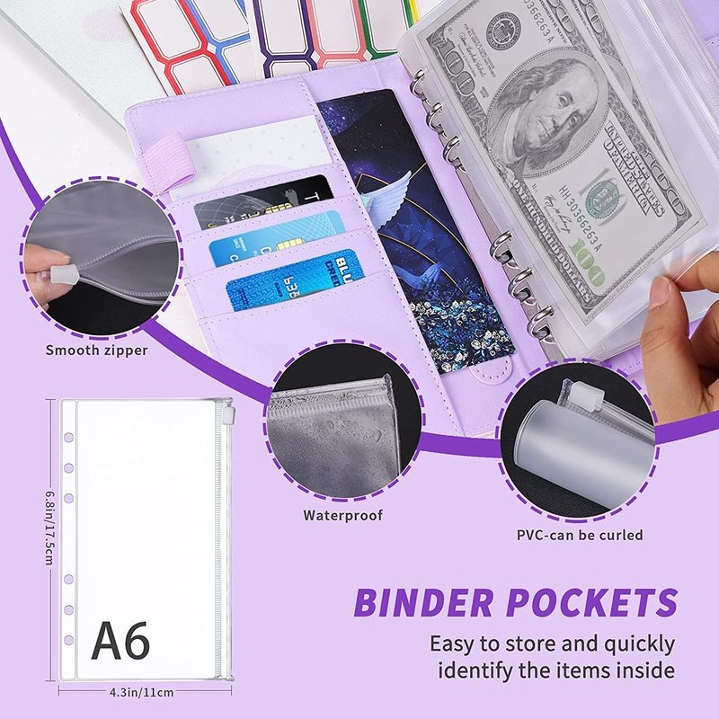 6 Budget Binder Money Organizer for Cash, Portable Money Saving Binder, Binder Cover with Zipper Pockets, Colorful Dividers