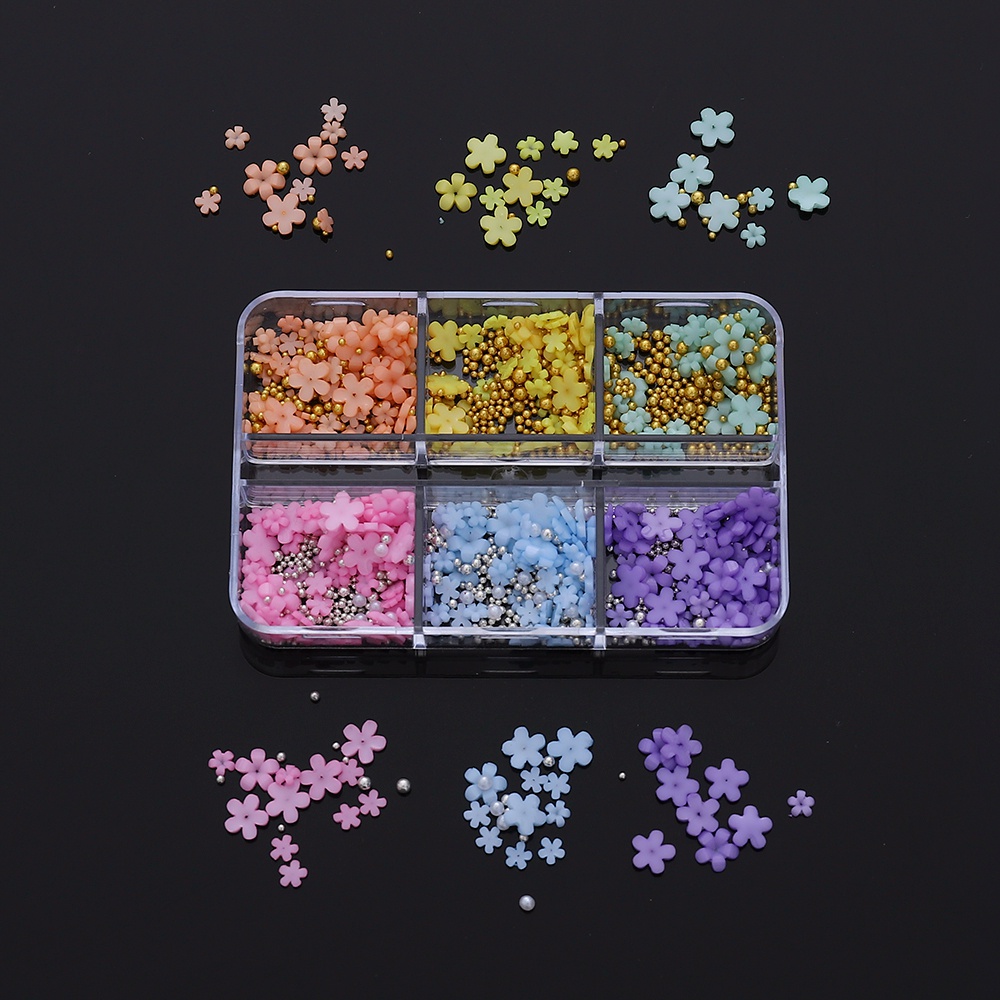 【COD Tangding】6 Grid / Kotak Stiker Kuku 3D Bahan Akrilik Motif Bunga Mutiara Kristal Untuk Dekorasi Nail Art