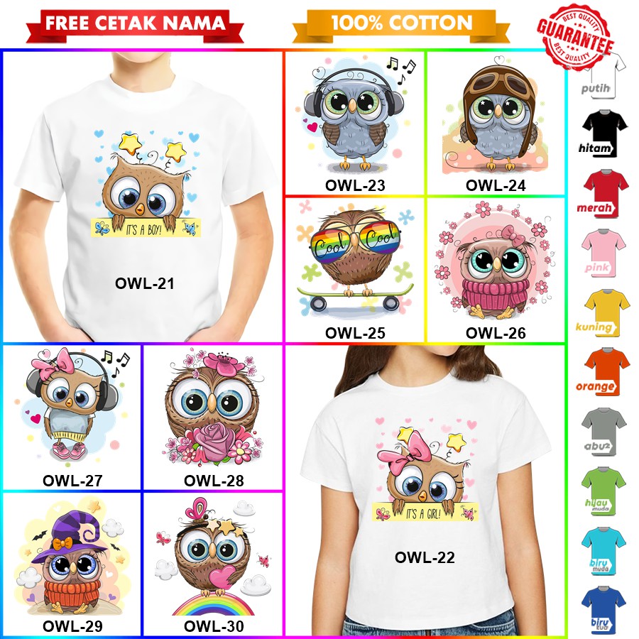 [FREE NAMA!!] Kaos baju COUPLE  ANAK DAN DEWASA BURUNG HANTU OWL BANYAK MOTIF