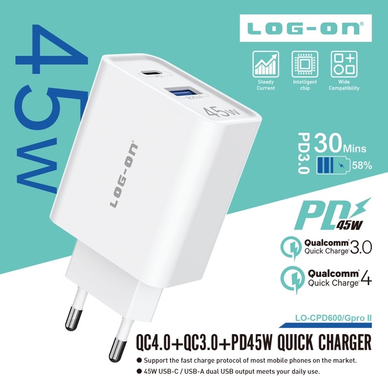 BATOK CHARGER LOG ON LO-CPD600 / GPRO II PD45W+QC4.0+QC3.0 QUICK CHARGER DUAL PORT