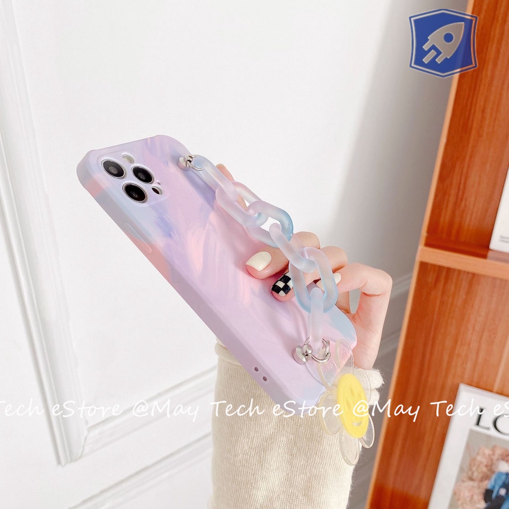 Casing iPhone Soft Watercolor dengan Hand Grip Rantai Pink Biru Smiley Flower iPhone X XS XR XSMAX 11 12 13 PRO PROMAX