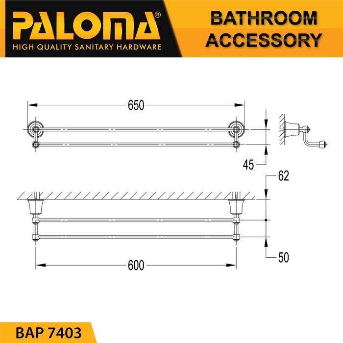 PALOMA BAP 7403 LIBERTY BRASS DOUBLE TOWEL BAR 600MM GANTUNGAN HANDUK KAMAR MANDI