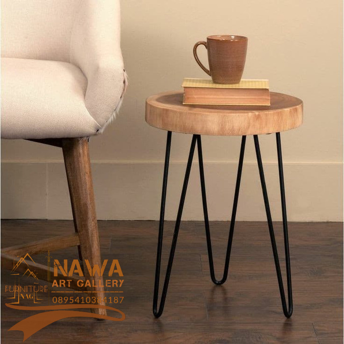 meja kayu bulat kaki besi /meja kayu jati asli / round table
