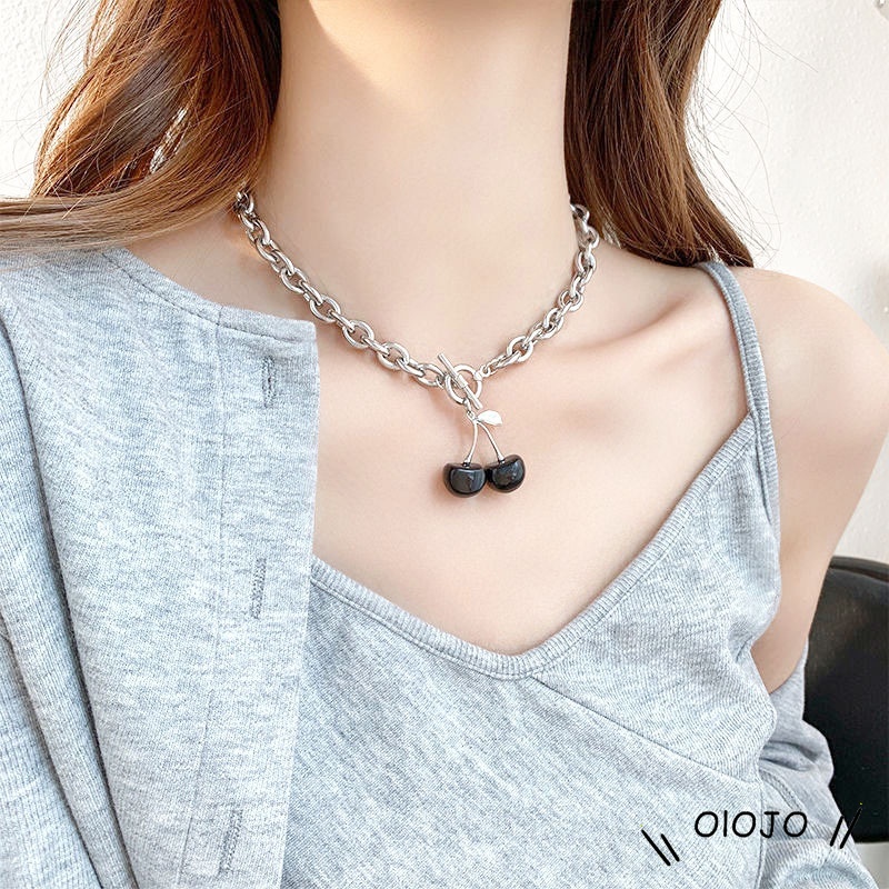 Set Kalung Chokergelang Rantai Liontin Buah Ceri Warna Hitam Elegan Untuk Wanita - ol