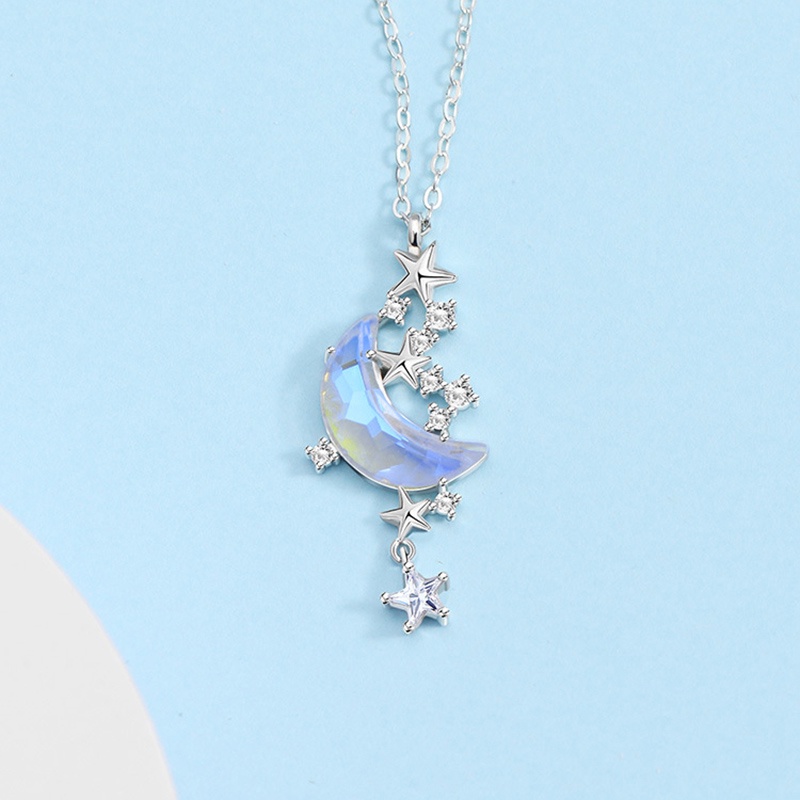 Kalung Rantai Liontin Bulan Bintang Aksen Kristal Warna-Warni Untuk Wanita