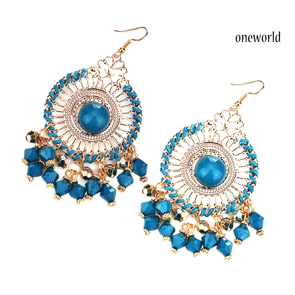 OW@ Bohemia Women Fashion Retro Tassel Beads Round Drop Dangle Hook Earring Jewelry