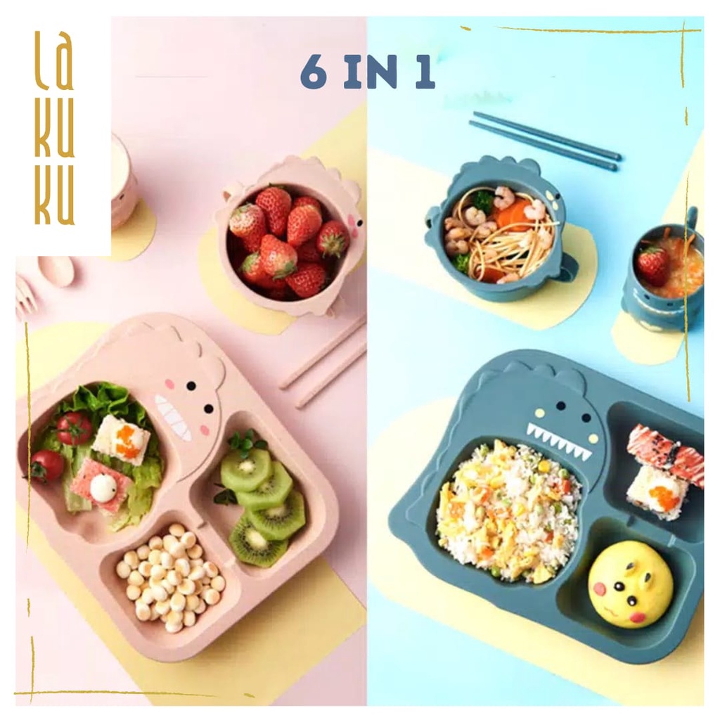 Lakuku - Feeding set 6 in 1 Dino Sheep wheat straw Peralatan Makan Anak Piring Gelas Mangkuk jerami gandum