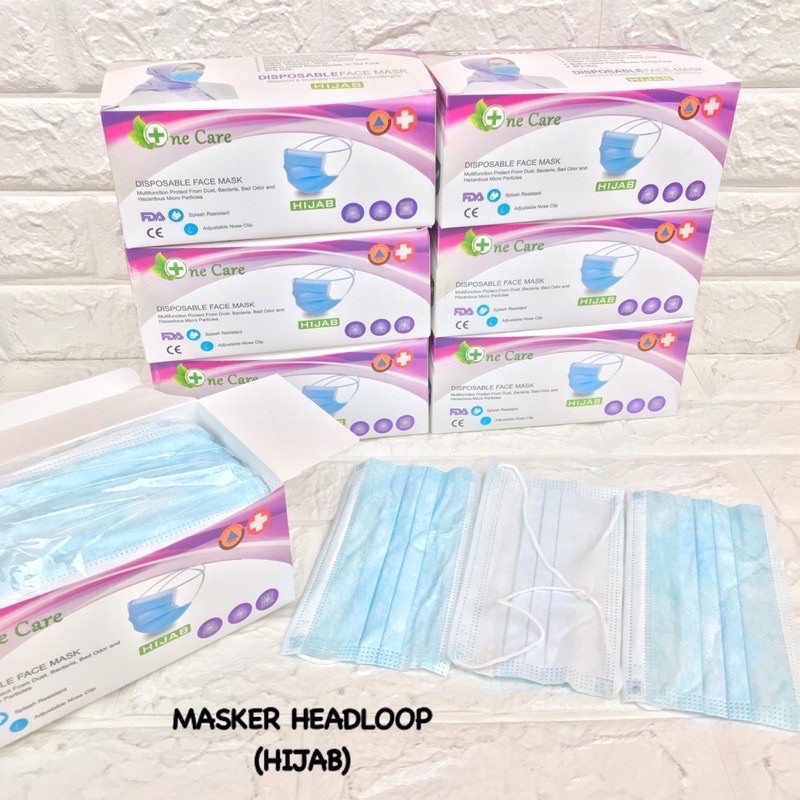 MASKER HEADLOOP DISPO BIRU 1BOX ISI 50PCS/MASKER HIJAB BIRU