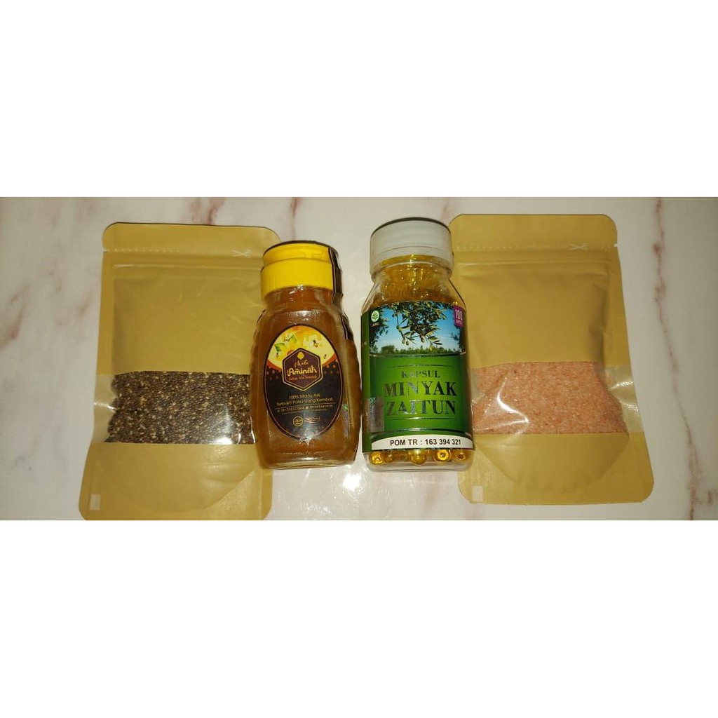 

PAKET KOMPLIT 2 (CHIA SEED 200GR ,GARAM HIMALAYA 250GR, MADU MURNI 300GR, MINYAK ZAITUN 1 BOTO)