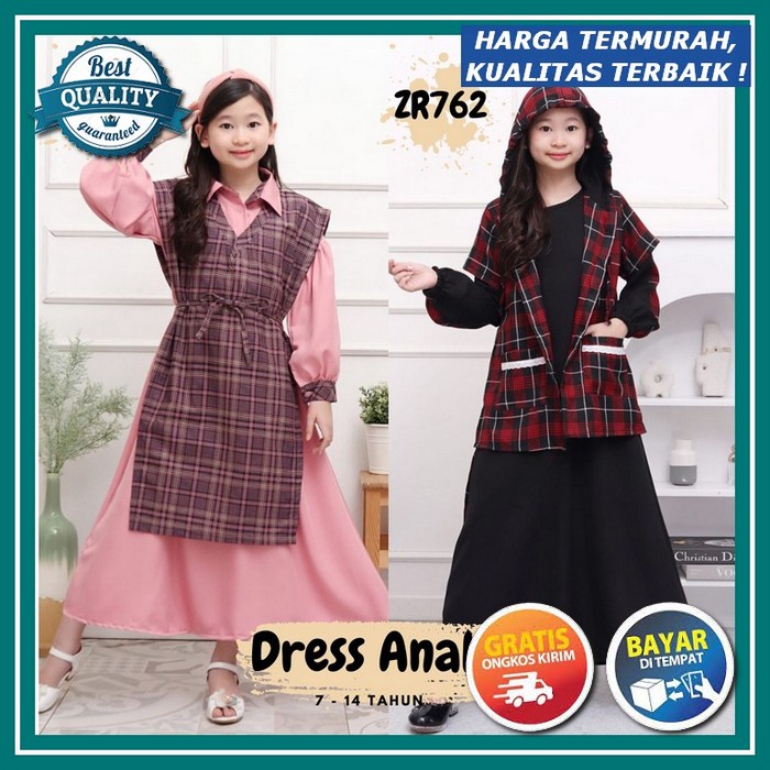 Baju Gamis Anak Perempuan Usia 7 8 9 Tahun Lebaran 2022 Maxy Dress Kotak Janice Set Cardigan Kekinia