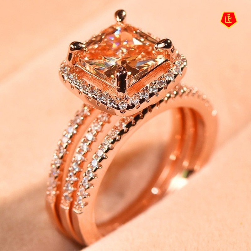 [Ready Stock]Fashion 18K Rose Gold Full Diamond Three Ring Set