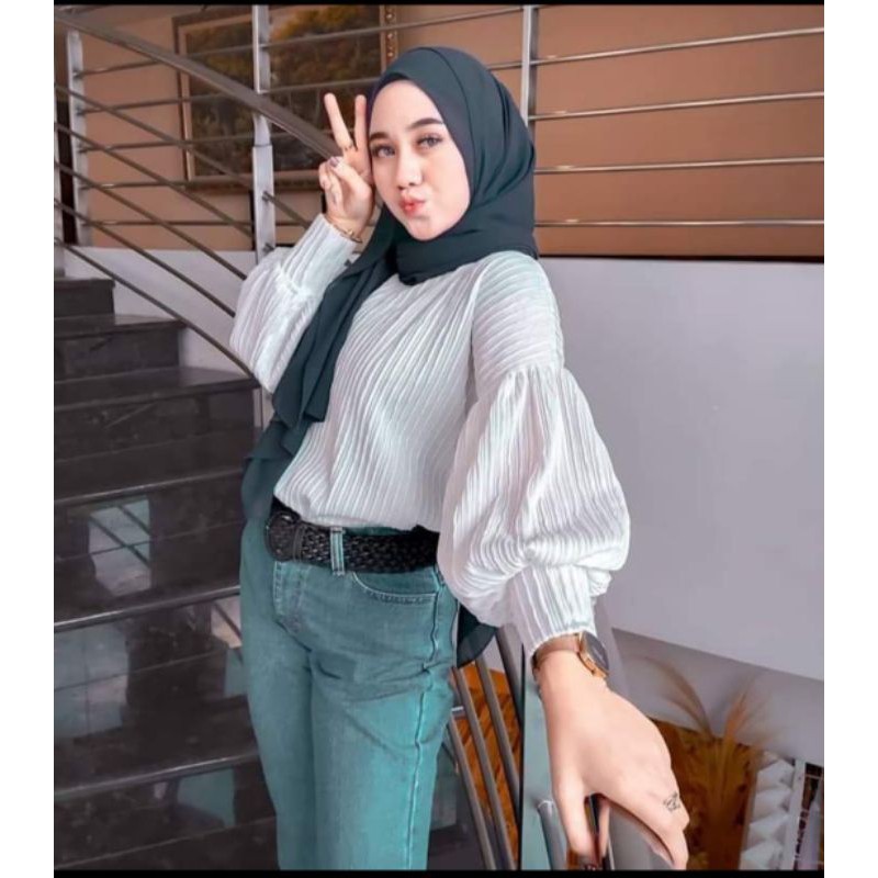 Original Mybamus Bubble Blouse Premium / Atasan lengan balon plisket premium tebal