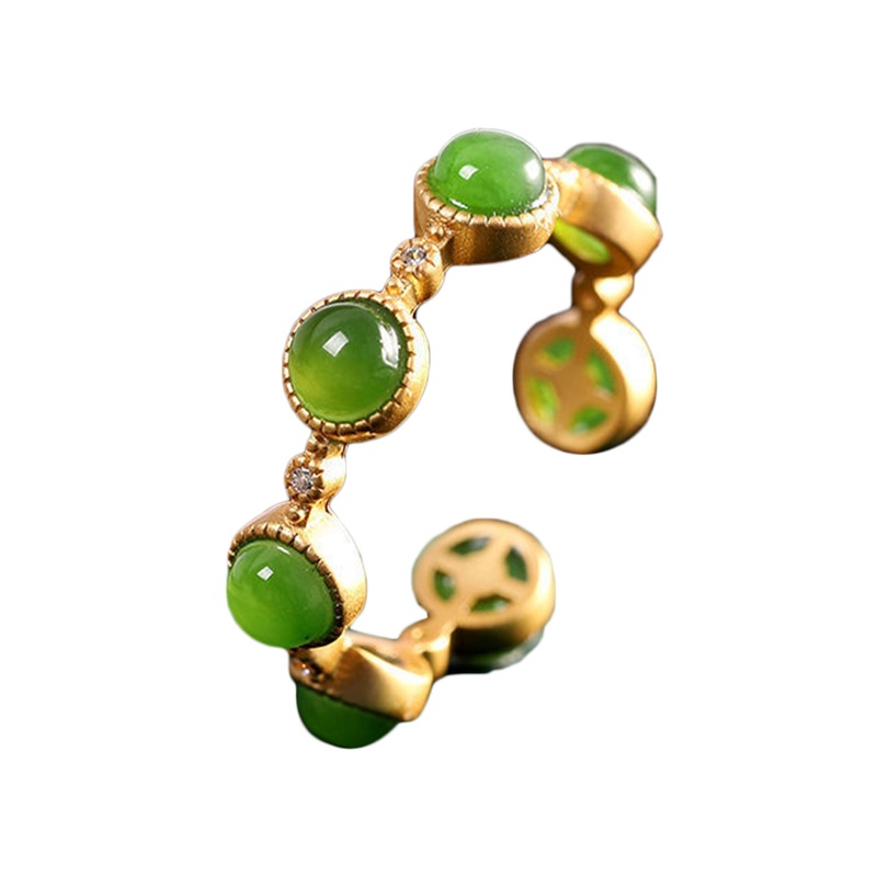 Cincin 925 Silver 14K Gold Plated Aksen Giok Hijau Gaya Vintage Untuk Wanita