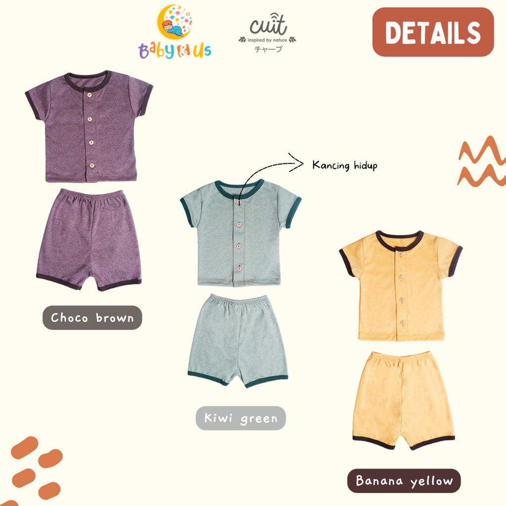 Cuit Babywear Shifu Short Sleeve Button Set - Setelan Lengan Pendek Celana Pendek Polos Lucu Bayi Unisex Furutsu Series - 0-3 3-6 6-12 bulan