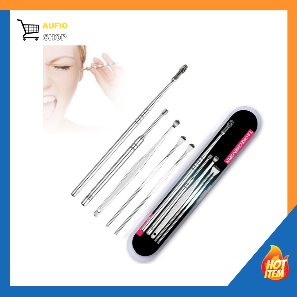 ALAT PEMBERSIH KOTORAN TELINGA KOREK KUPING STAINLESS EAR CLEANER KOTORAN SET ISI 5 ANTI KARAT WAX BESI