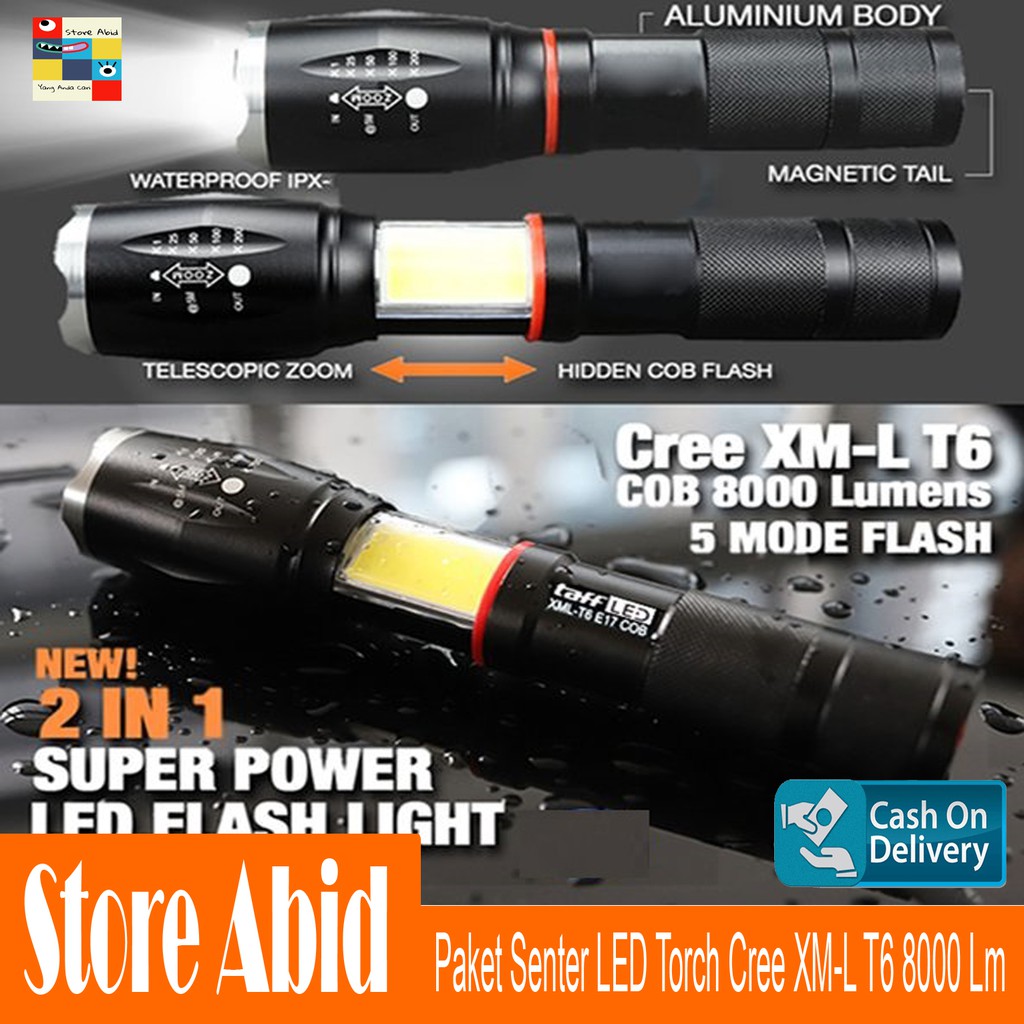 Paket Senter LED Torch Cree XM-L T6 8000 Lumens+Charger+Box-E17 COB