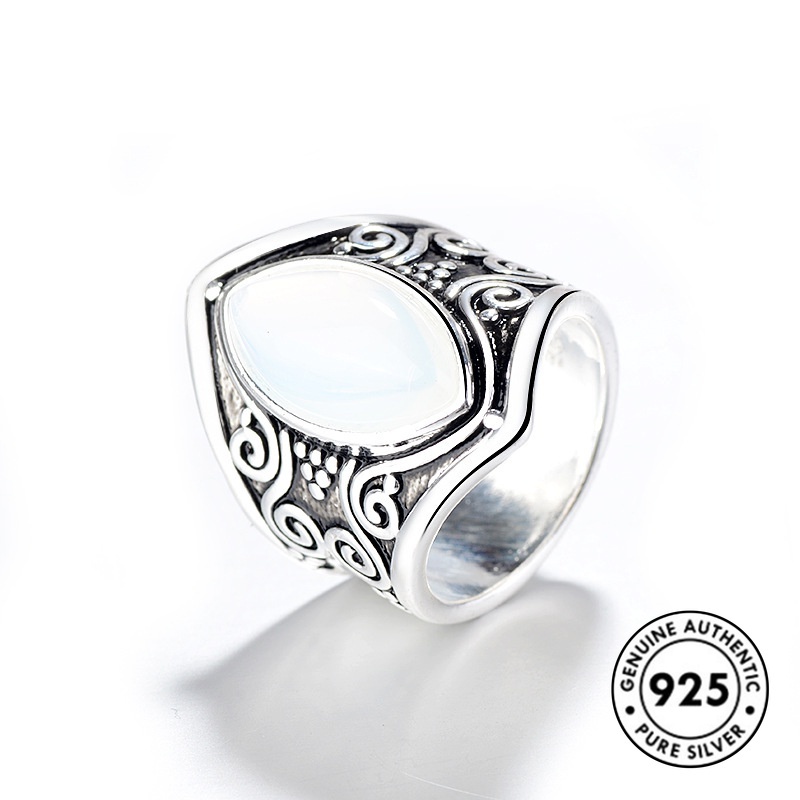 Cincin Batu Bulan Marcasite Bahan S925 Silver Gaya Retro