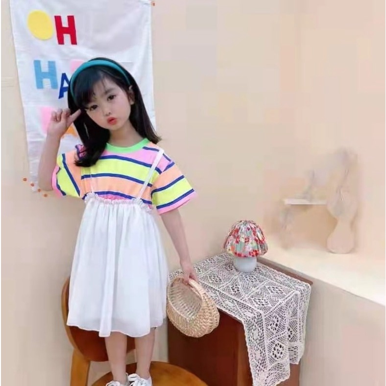 Promo !! Dress anak perempuan import / Dress striped stomach lace  uk 1-4 tahun