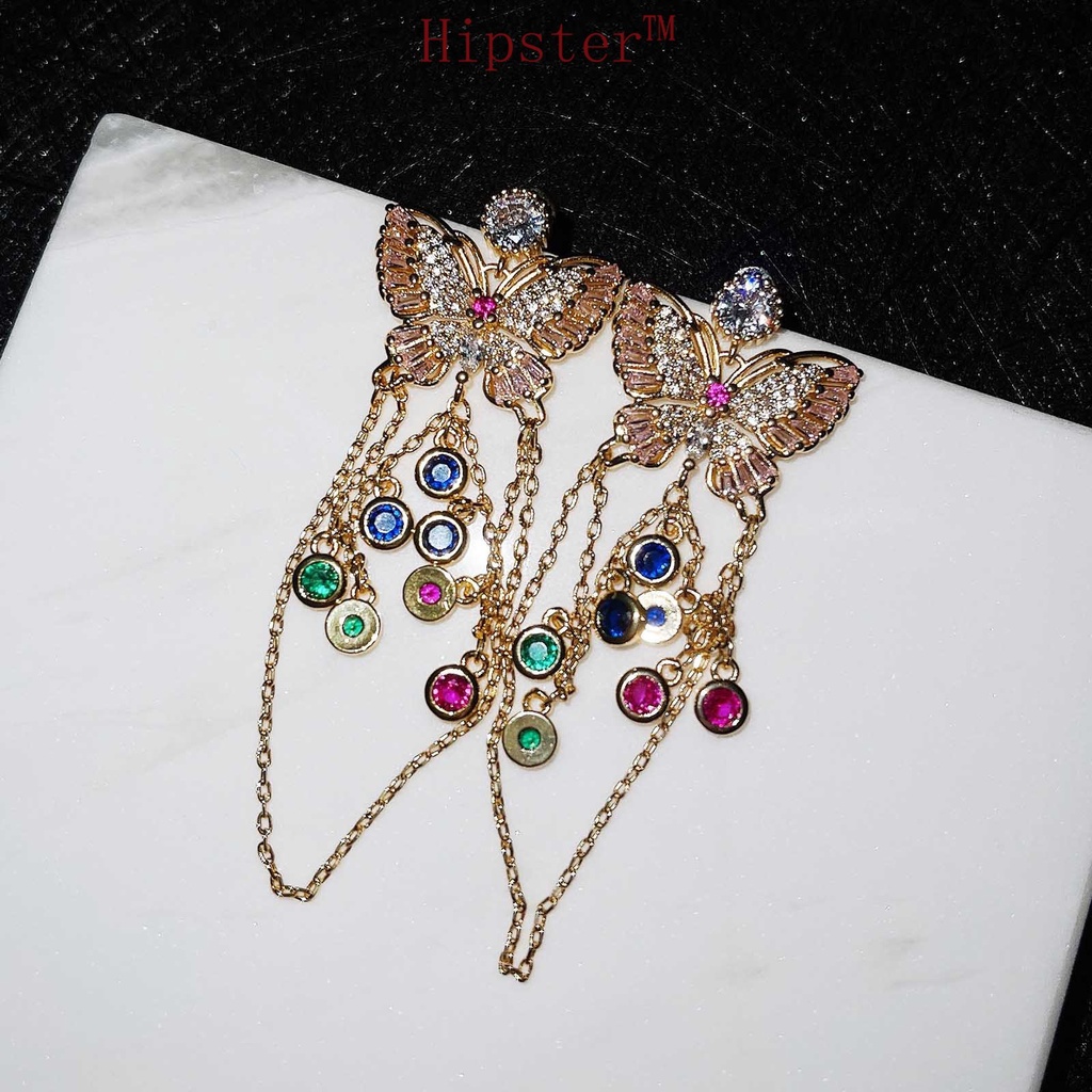 Light Luxury Butterfly Long Tassel Micro Inlaid Zircon French Style Mori Earrings High-End Fashion Sense