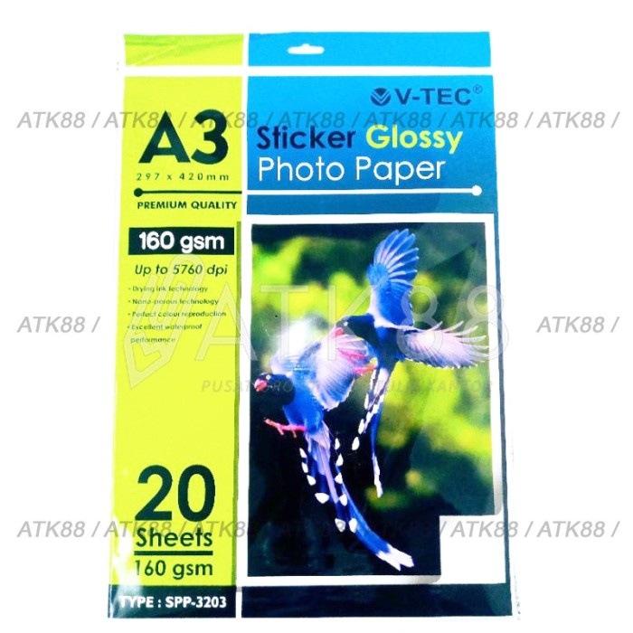 

(DISKON TERMURAH) V-Tec Sticker Glossy Photo Paper Waterproof A3 160gsm (20 Sheet)