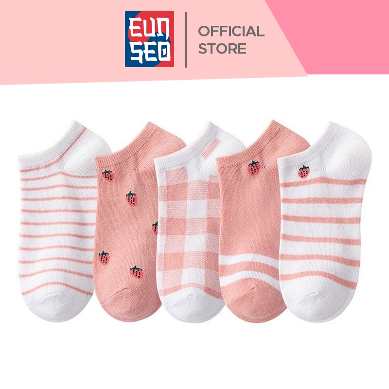 Kaos Kaki Wanita Pendek Ankle Cute Motif Strawberry Garis Pink Fashion Korea Premium EUNSEO