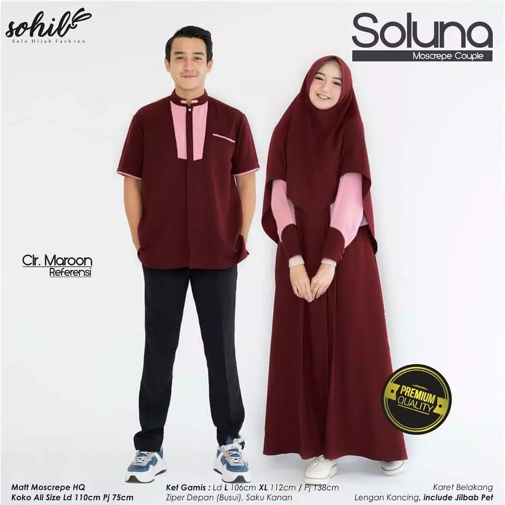 SOLUNA COUPLE KAIN MOSSCRAPE ( GAMIS WANITA DAN HIJAB + KEMEJA PRIA )  BAJU COUPLE  PASANGAN SUAMI ISTRI TERBARU 2022 BAJU COUPLE