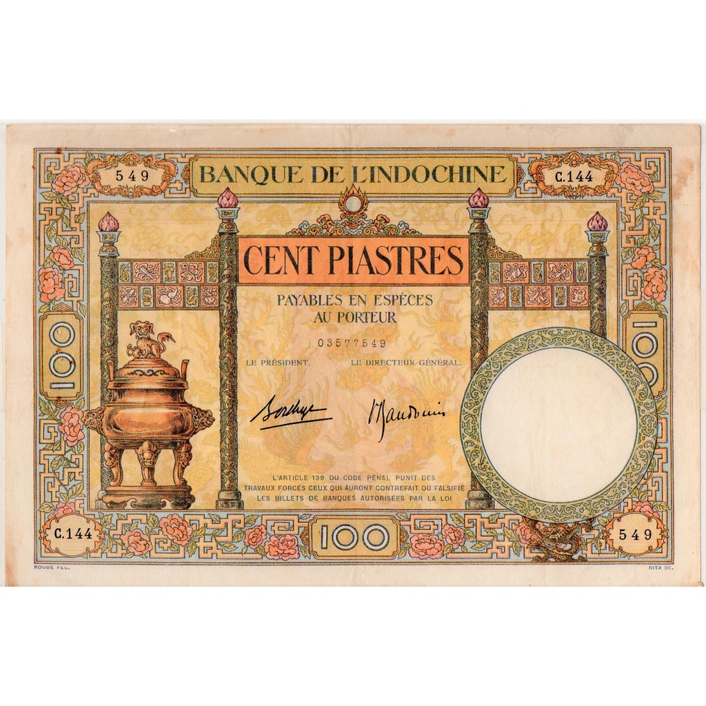 Uang Kuno French Indochina 100 Piastres 1936 (Very Fine)