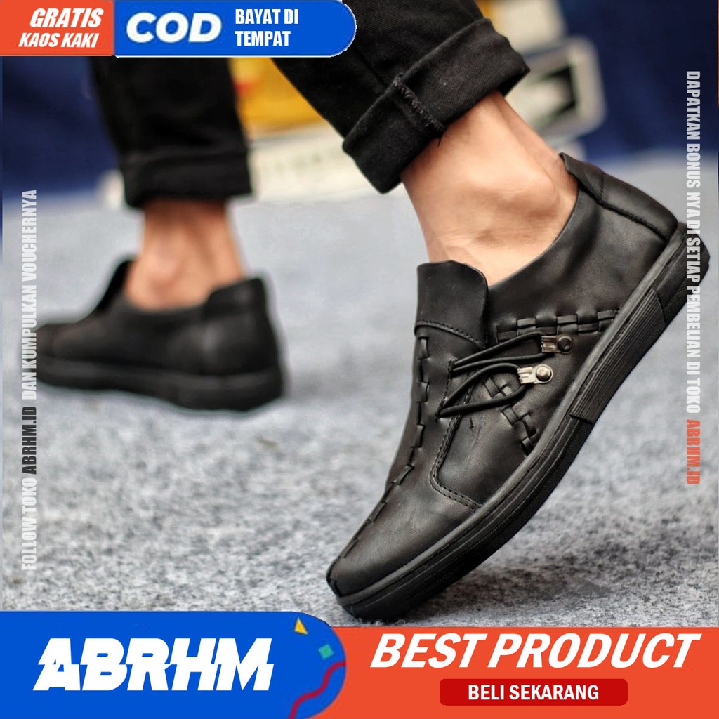 ABRHM ALIGA Sepatu Slip On Pria Sepatu Pria Casual Kulit Asli Cowo/Cowok Sepatu Kasual Kerja Semi Formal Anti Slip Gaya Keren Kekinian Murah Terlaris