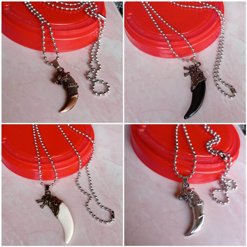 Kalung rantai rodhium liontin taring singa