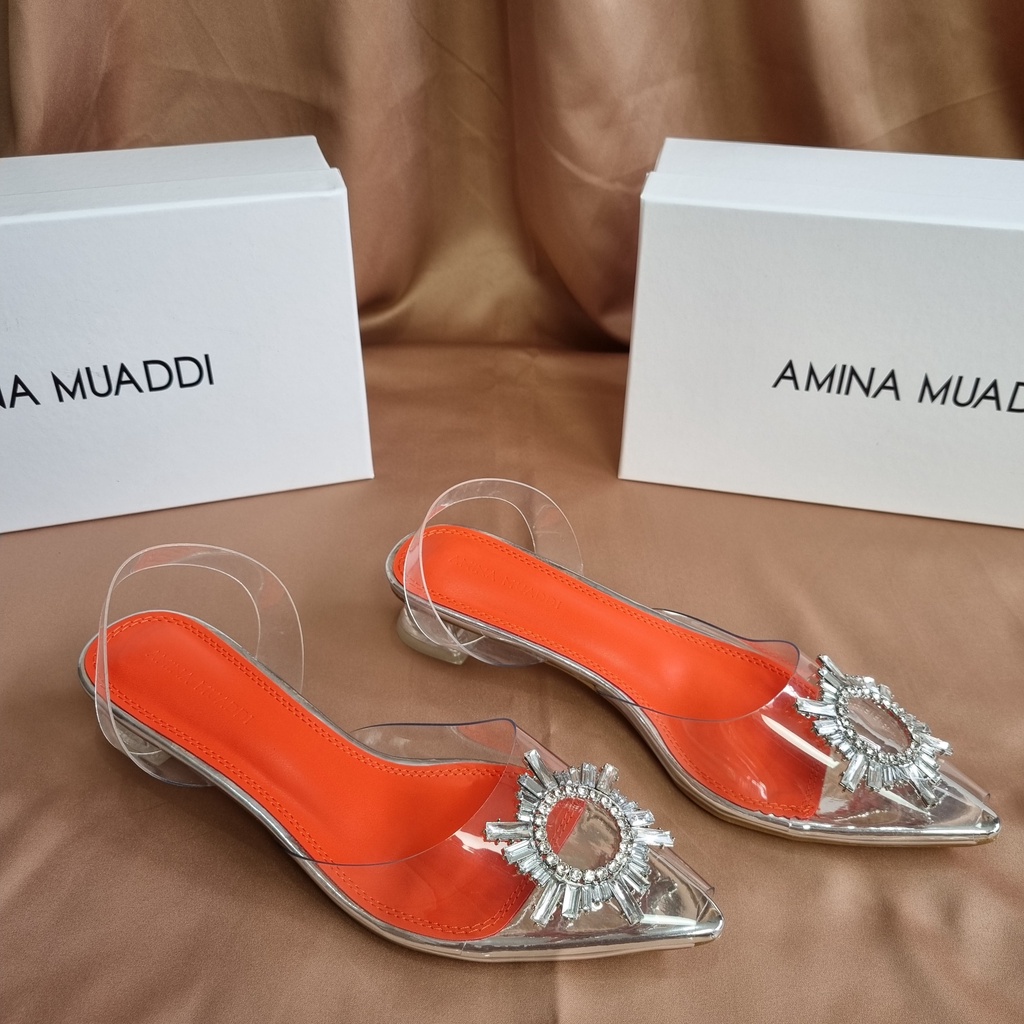 SEPATU AMINA MUADDI WANITA BEGUM CRYSTAL GLASS SLING HEELS TRANSPARAN PVS