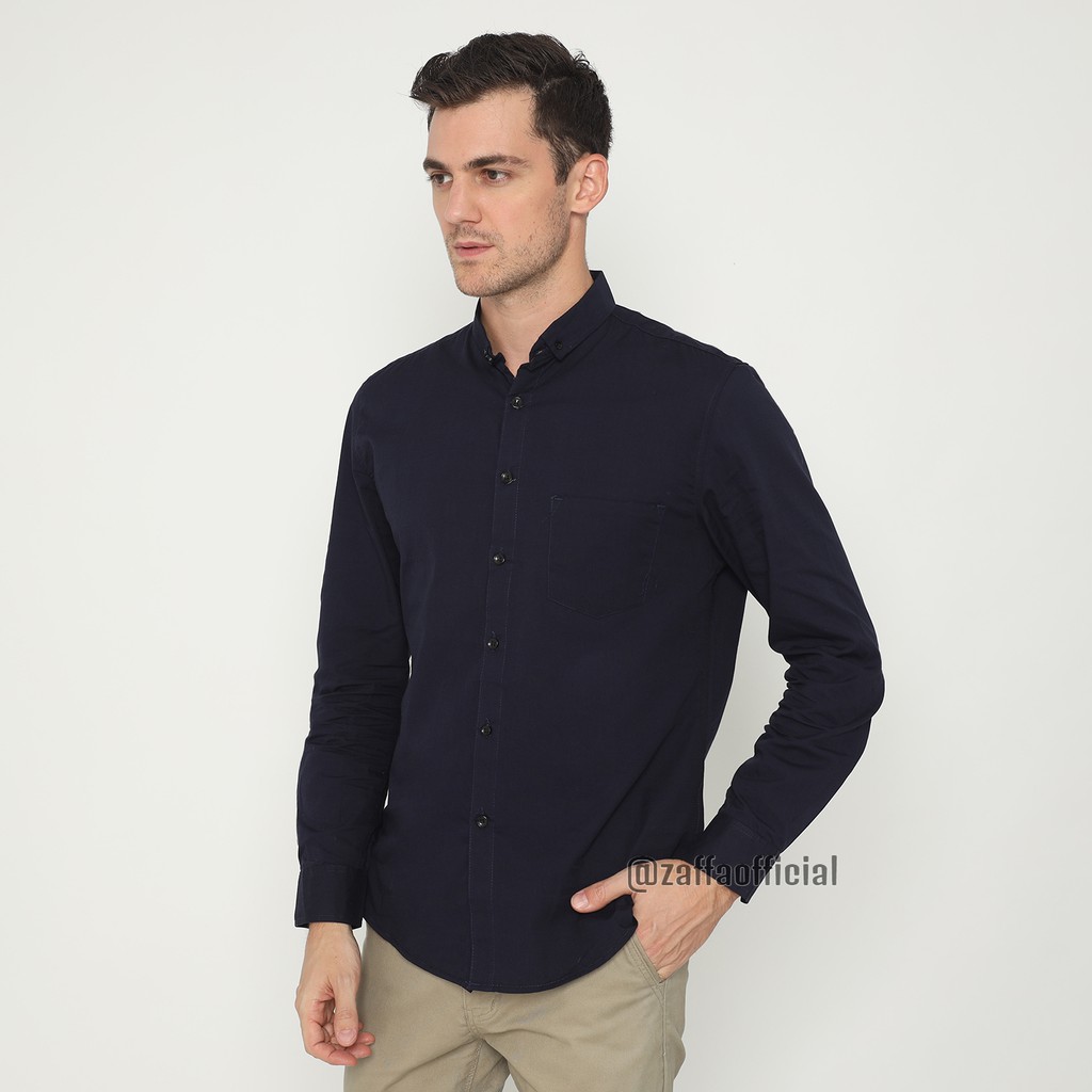 Zaffa Kemeja Polos Pria Lengan Panjang Pendek Formal Katun Poplin Kerja Kuliah Navy Basic Shirt Slimfit Z-3003