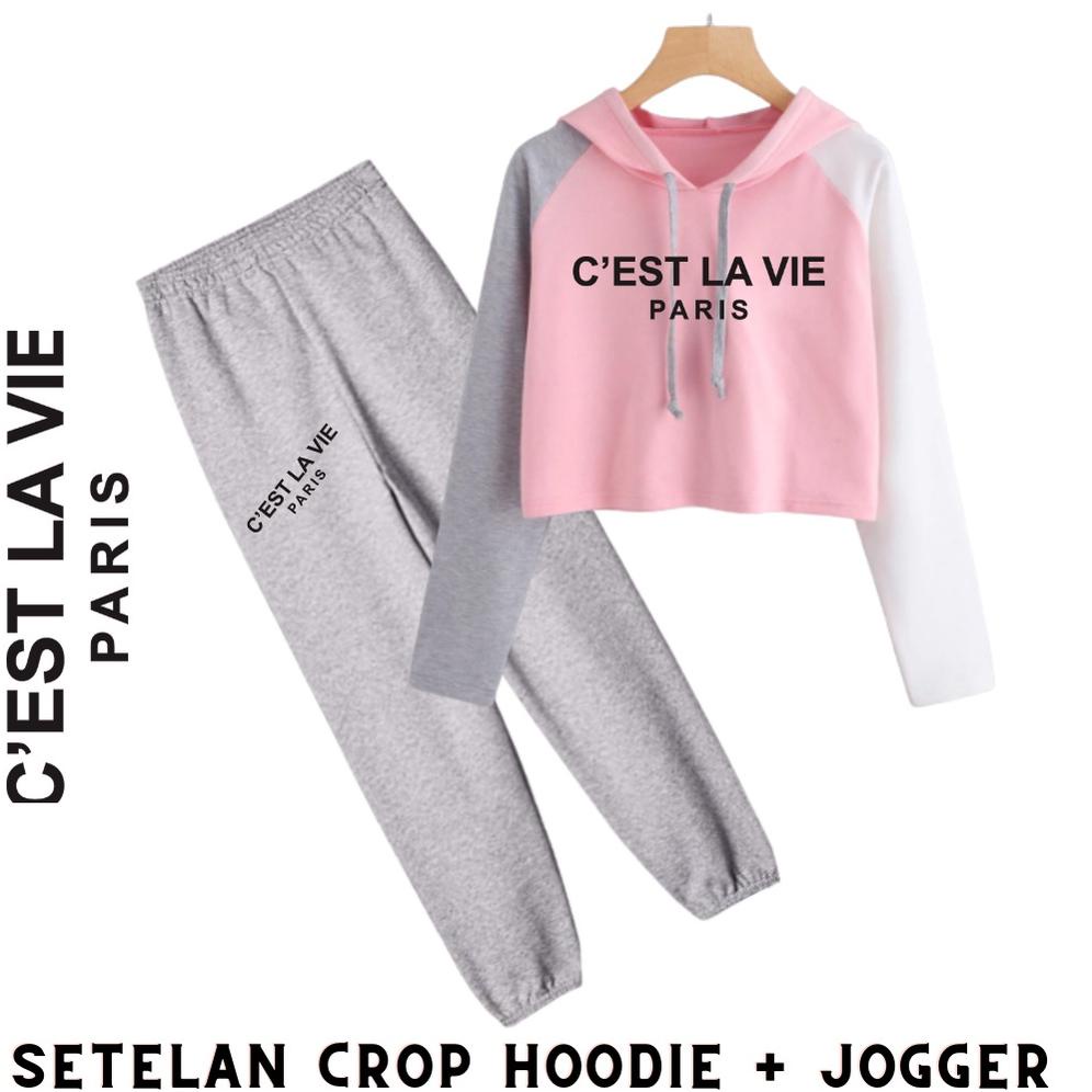 Jbf Baju Setelan Wanita Remaja Sweater Crop Hoodie Cest La Vie Dan Celana Jogger