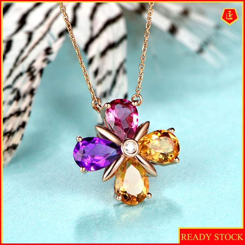 [Ready Stock]Colorful Water Drop Zircon Pendant 18K Rose Gold Simple Fashion