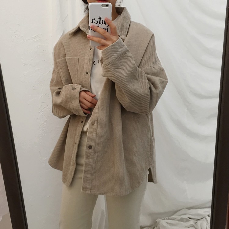 Kemeja Wanita Lengan Panjang Model Longgar Bahan Corduroy 2 Warna