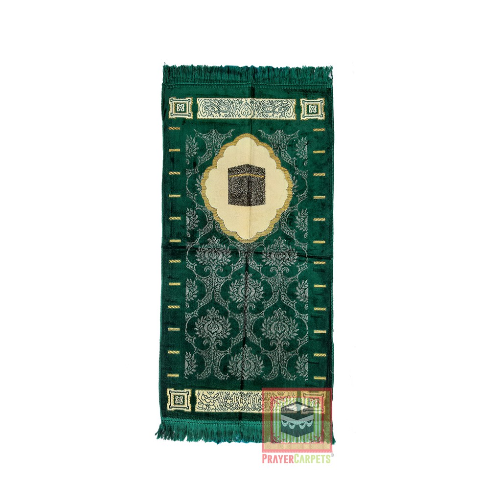 Sajadah Muslim Size 51x102cm Dark Green Desain Kakbah Dengan Glitter Emas Motif Line Arch