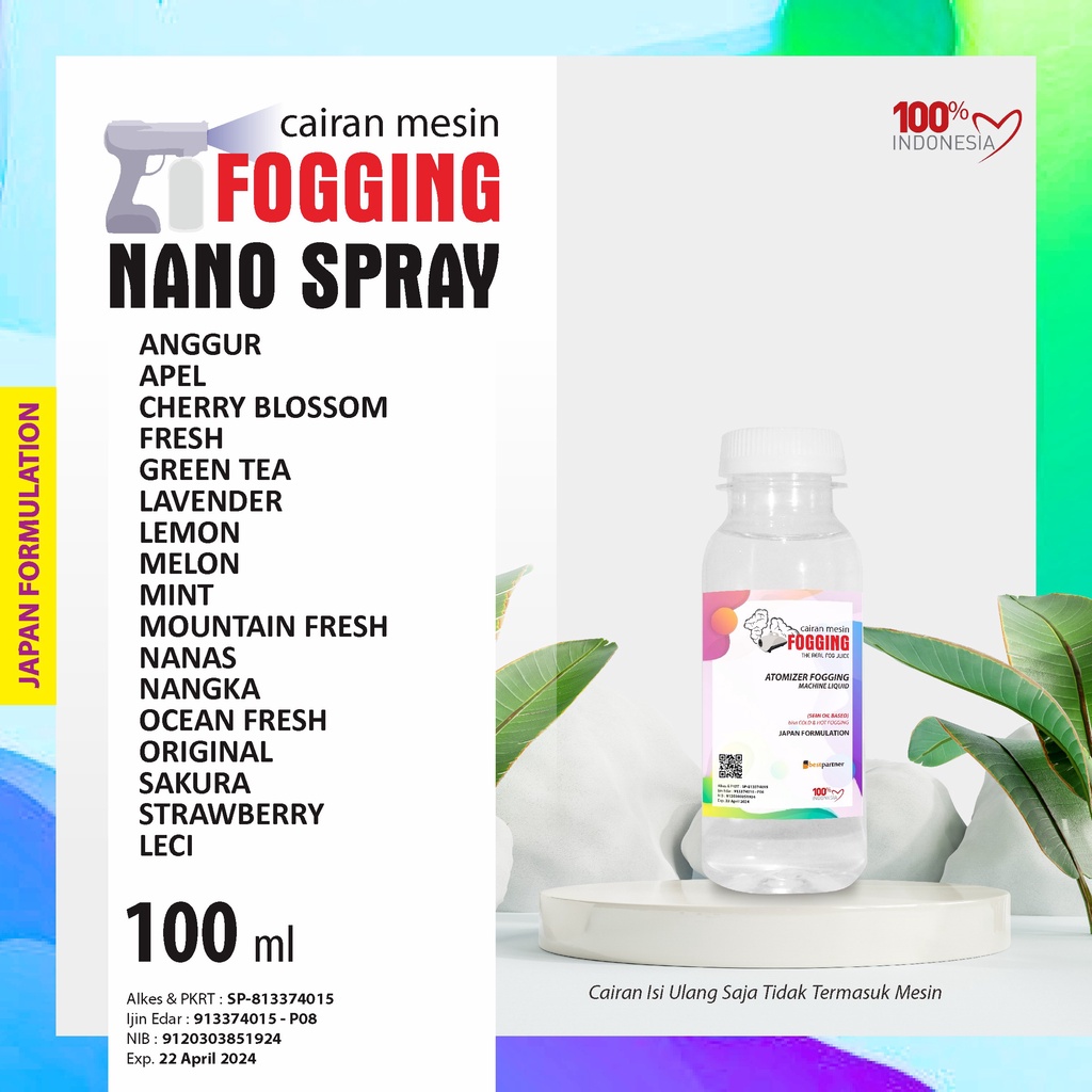 Cairan Mesin Fogging Nano Spray Varian 100 ml  / Cairan Fogging Aroma Fruit Segar 100 ml Botol Pet