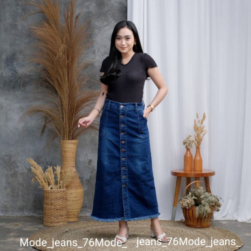 ROK JEANS PANJANG GISCA KANCING DEPAN // ROK JEANS WANITA KANCING DEPAN AKTIF