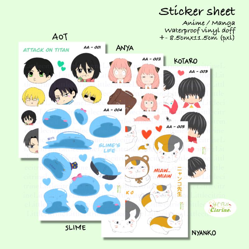 

Anime Sticker / Manga Sticker Sheet - Anya Forger | Kotaro | AOT | Slime | Nyanko