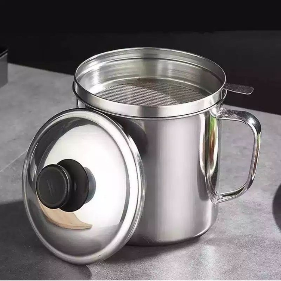 Oil Pot Wadah Saringan Minyak Bahan Stainless Steel 1.3Liter Mug Gelas Penyimpanan Minyak Bekas Gorengan Mug Stainless untuk Minyak dengan Saringan KC117