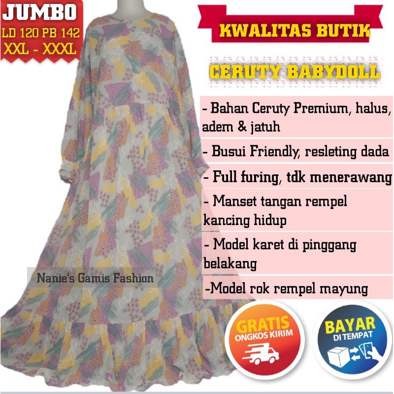 BAJU GAMIS JUMBO BUSUI LD 120 XXL FIT XXXL KUSI PINK DRESS BIG SIZE MUSLIM WANITA CERUTI PRINTING